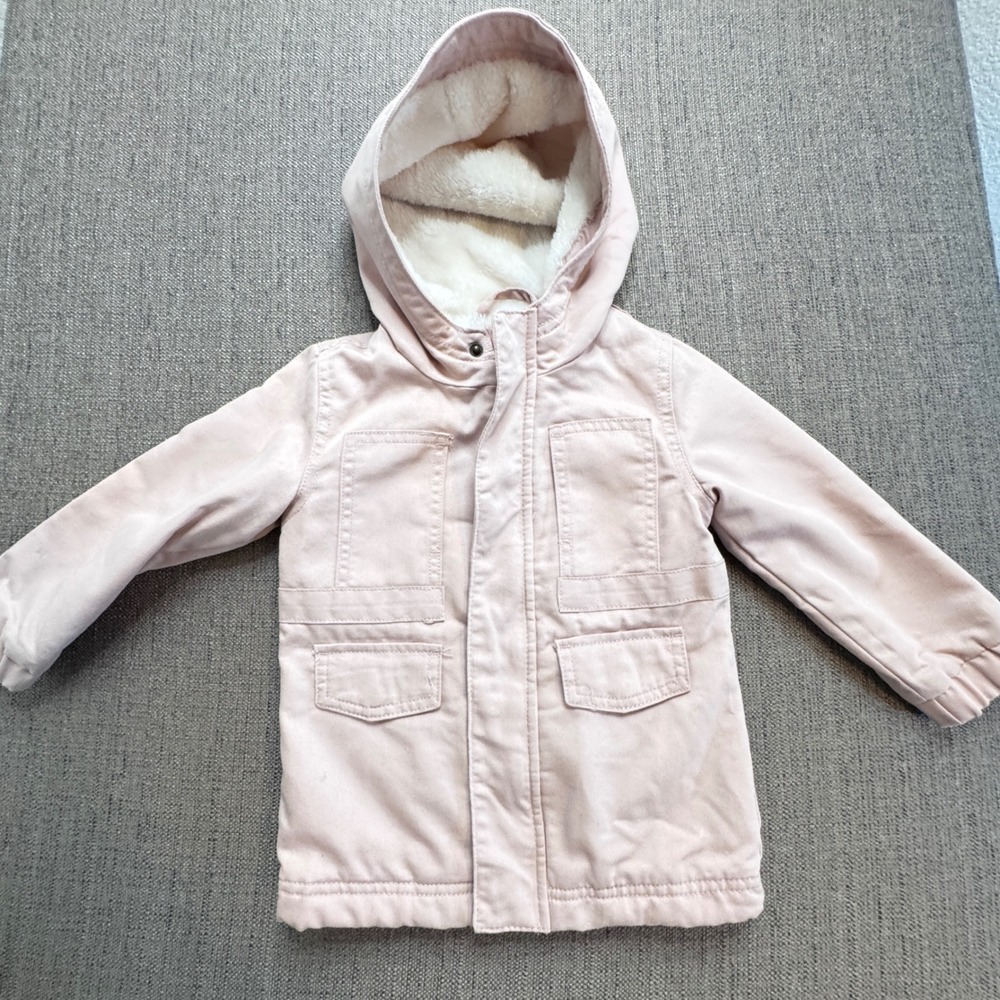 Cat & Jack Toddler Girls Pink Faux Fur Lined Hooded Utility Jacket Coat 2T